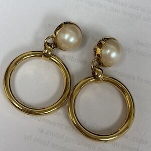 Vintage Richelieu Classic Faux Pearl Drop Dangle Clip On Gold Tone Earrings
